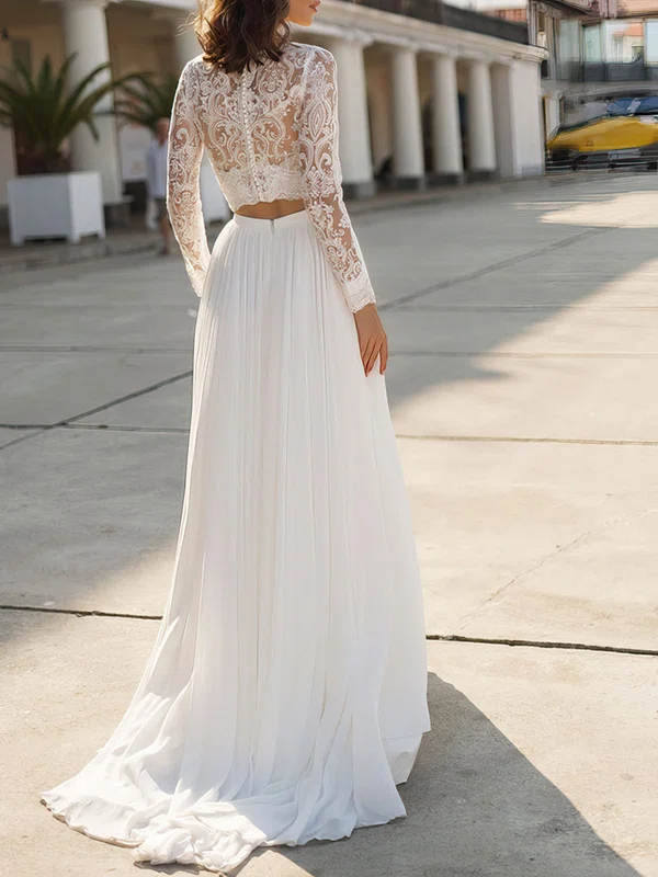 A-line V-neck Lace Chiffon Sweep Train Wedding Dress #Milly00026904