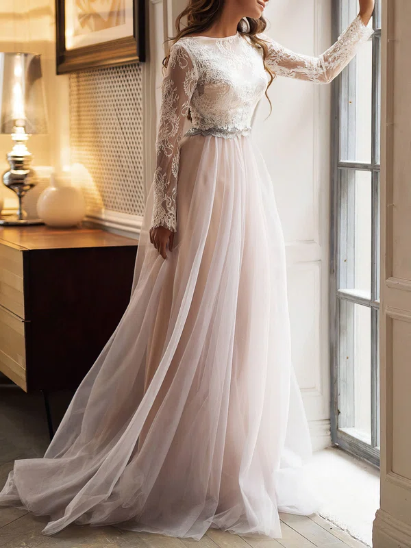 A-line Illusion Lace Tulle Sweep Train Wedding Dress #Milly00026914