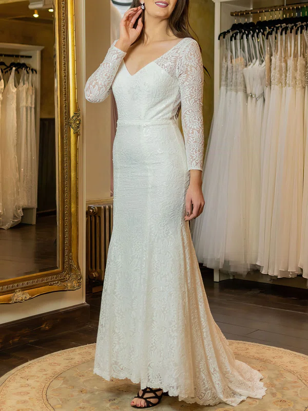 Trumpet/Mermaid V-neck Lace Sweep Train Wedding Dress #Milly00026917