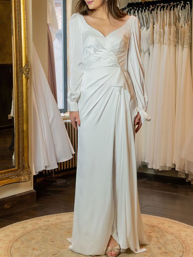 Sheath/Column V-neck Silk-like Satin Sweep Train Wedding Dress #Milly00026918