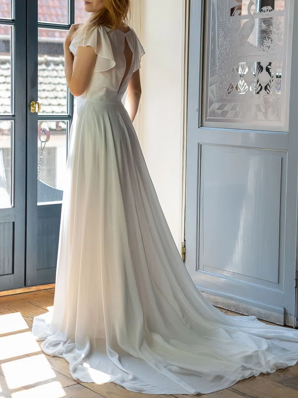 A-line V-neck Chiffon Court Train Wedding Dress #Milly00026920