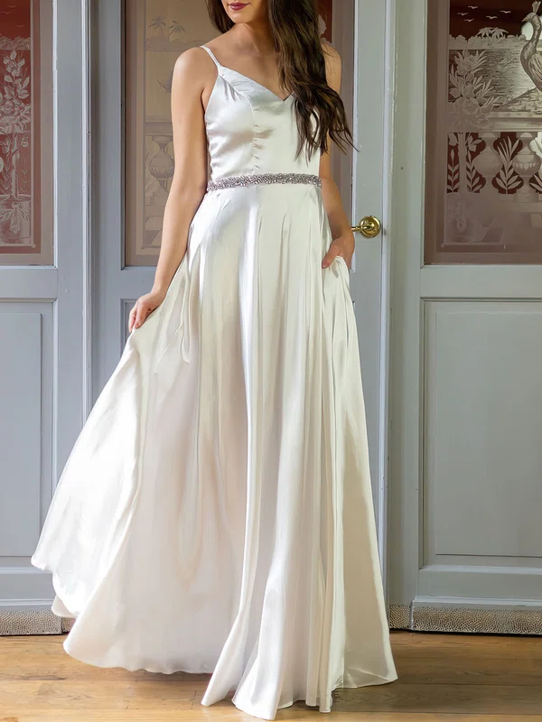 A-line V-neck Silk-like Satin Floor-length Wedding Dress #Milly00026921