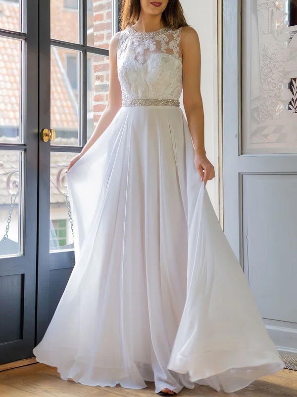 A-line Boat Neckline Chiffon Floor-length Wedding Dress #Milly00026922