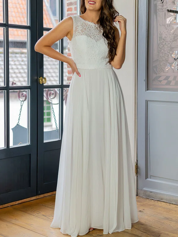 A-line Boat Neckline Lace Chiffon Floor-length Wedding Dress #Milly00026924