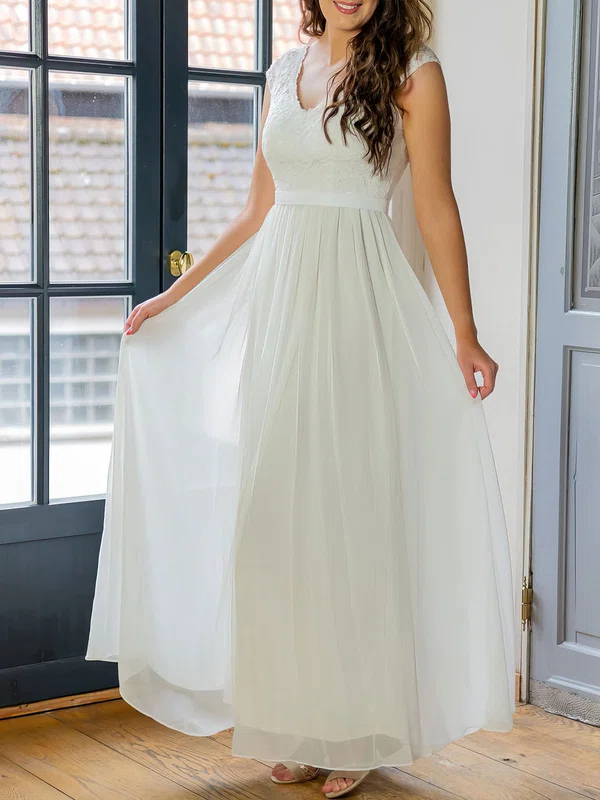 A-line V-neck Lace Chiffon Floor-length Wedding Dress #Milly00026925