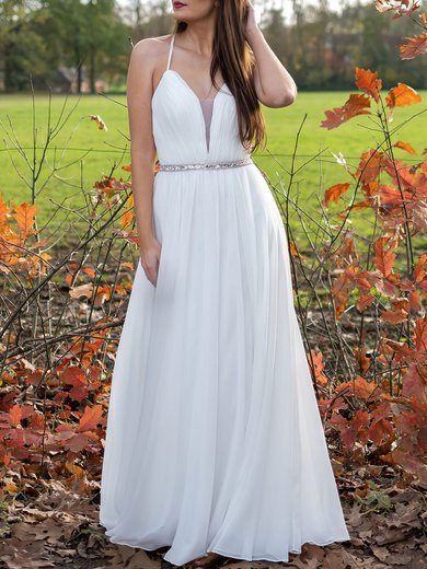 A-line V-neck Chiffon Floor-length Wedding Dress #Milly00026926