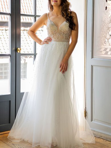 A-line V-neck Tulle Sweep Train Wedding Dress #Milly00026927