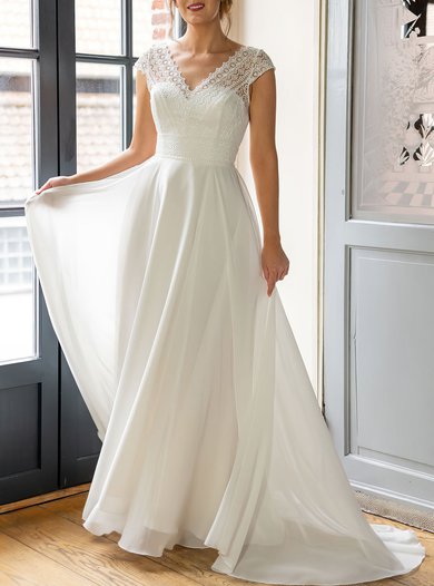 A-line V-neck Lace Chiffon Sweep Train Wedding Dress #Milly00026928