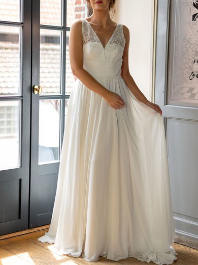 A-line V-neck Lace Chiffon Sweep Train Wedding Dress #Milly00026929