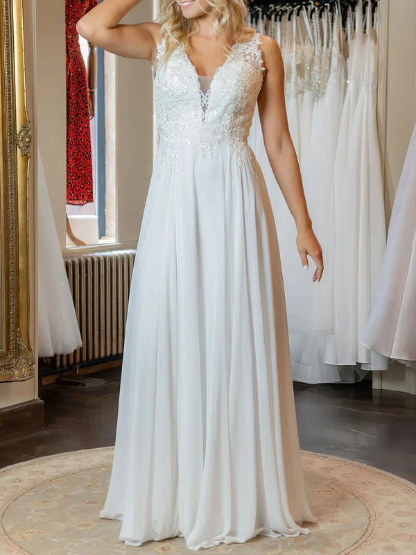 A-line V-neck Chiffon Floor-length Wedding Dress #Milly00026930