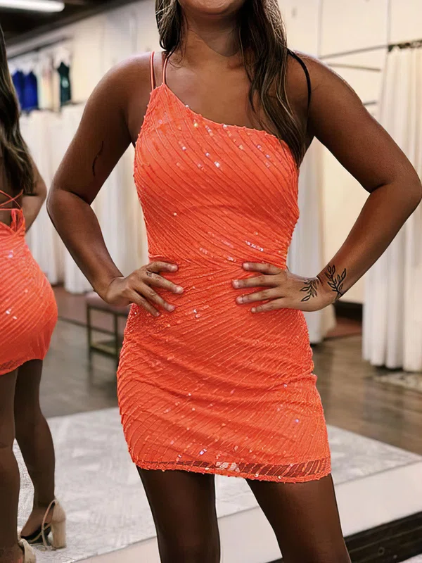 Sparkly Orange Bodycon Sequin One Shoulder Homecoming Dresses #Milly02051893