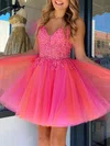 V-neck Tulle Skater Homecoming Dresses with Appliques Lace #Milly02051961