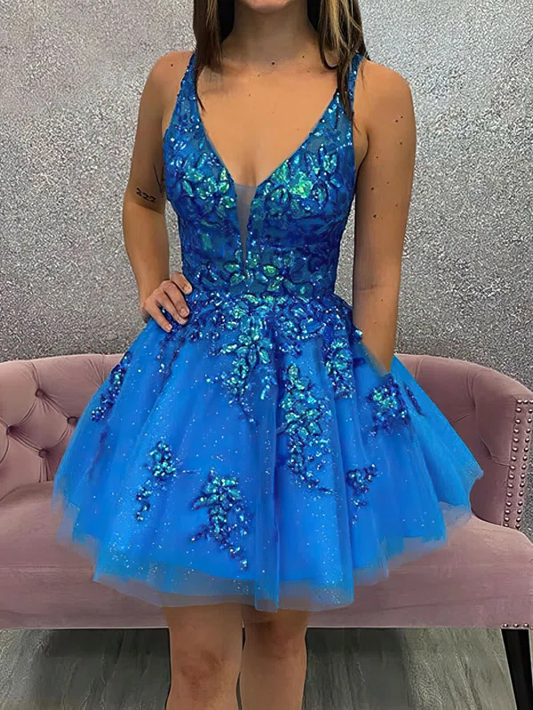 V-neck Glitter Tulle Skater Homecoming Dresses #Milly02052094