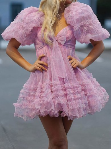 Elegant Skater Tulle V-neck Ruffle Homecoming Dresses #Milly02052100