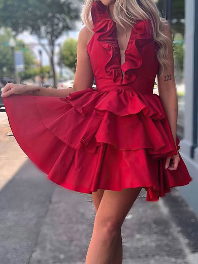 Unique Red Skater Satin Tiered Ruffle Homecoming Dresses #Milly02052171