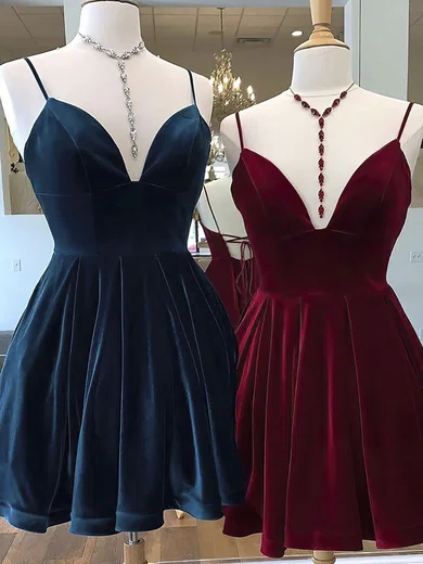 A-line V-neck Velvet Homecoming Dresses #Milly02052223