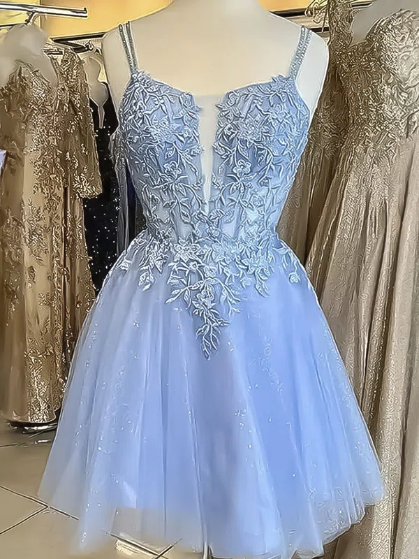 A-line V-neck Glitter Tulle Homecoming Dresses With Appliques Lace #Milly02052227