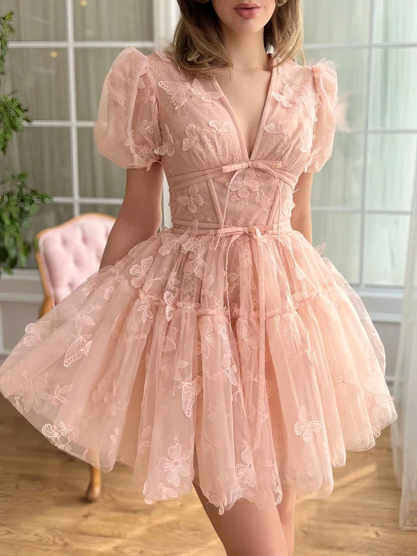 V-neck Lace Tulle Skater Homecoming Dresses #Milly02052301