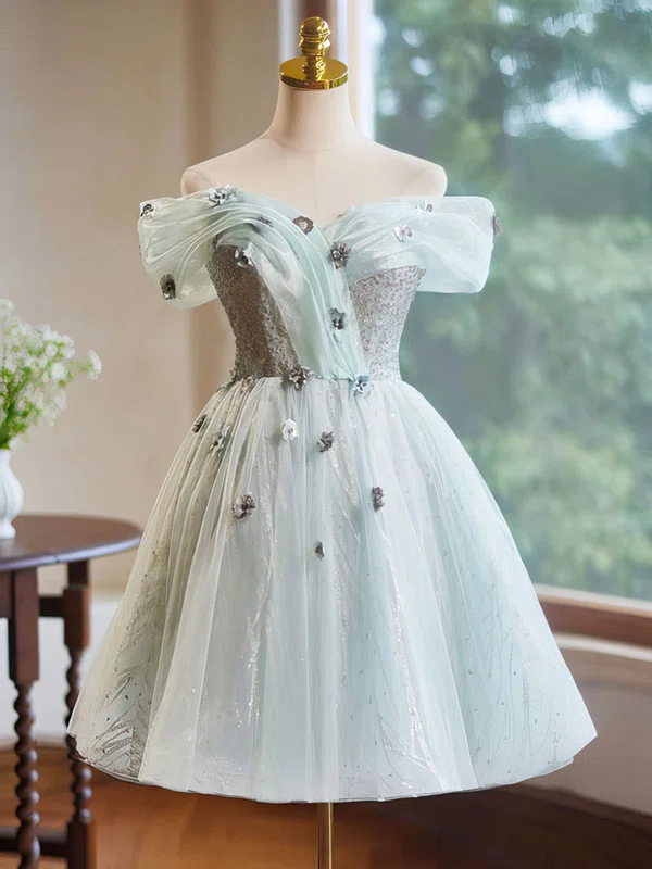 Off-The-Shoulder Glitter Tulle Skater Homecoming Dresses With Flower(s) #Milly02052407