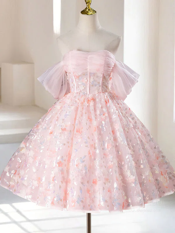 Off-The-Shoulder Tulle Knee-length Skater Homecoming Dresses With Flower(s) #Milly02052416