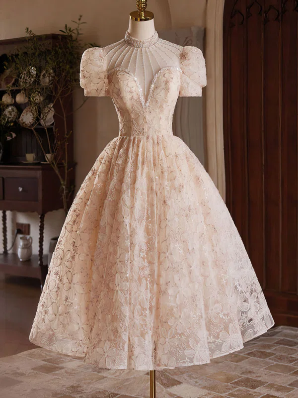 High Neck Lace Tea-length A-line Homecoming Dresses With Beading #Milly02052418