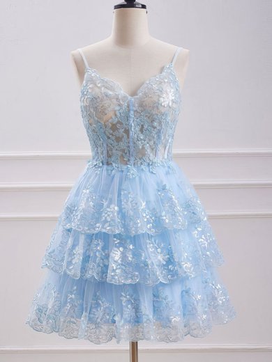 Corset Sky Blue Skater Glitter Lace Tiered Homecoming Dresses #Milly02052450