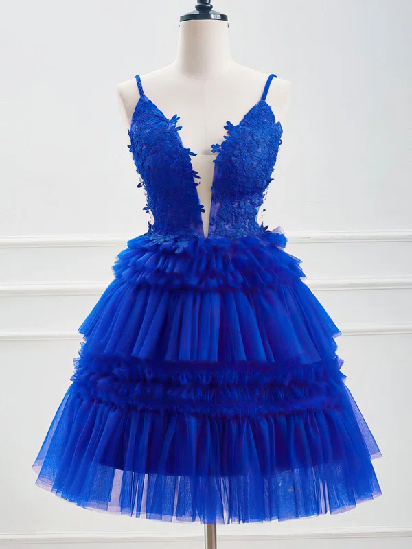 V-neck Tulle Skater Homecoming Dresses With Appliques Lace #Milly02052455