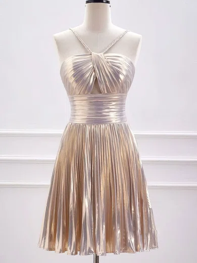 A-line Halter Metallic Homecoming Dresses With Pleats #Milly02052459