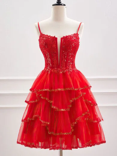 V-neck Tulle Skater Homecoming Dresses With Appliques Lace #Milly02052470