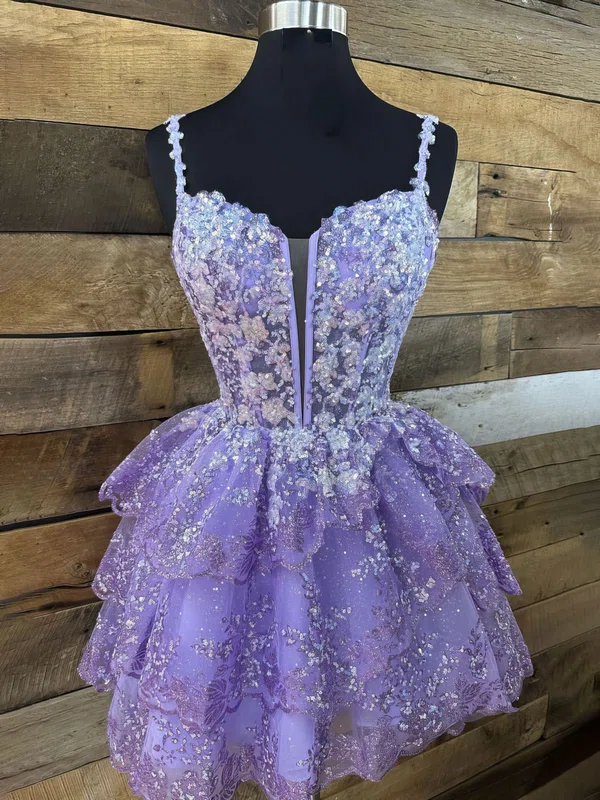 V-neck Glitter Skater Homecoming Dresses With Appliques Lace #Milly02052505