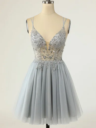 V-neck Tulle A-line Homecoming Dresses With Beading #Milly02052515