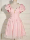 V-neck Glitter Tulle A-line Homecoming Dresses #Milly02052599