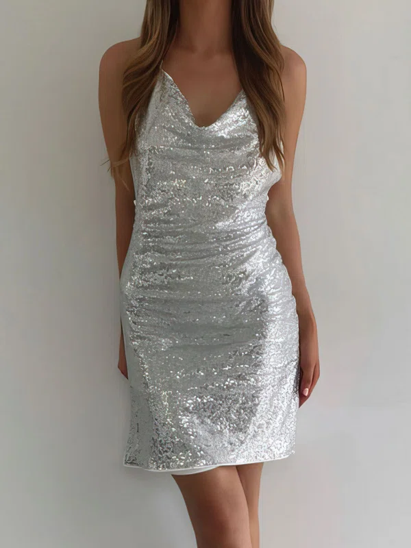 Sparkly Silver Fitted Sequin Cowl Neck Homecoming Dresses #Milly02052709