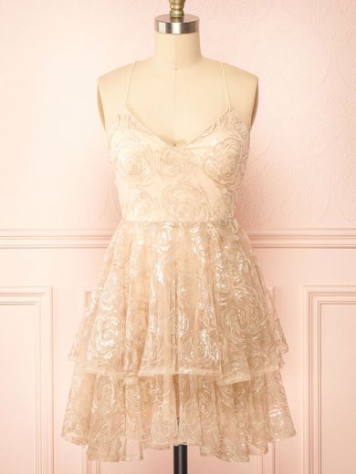 Glitter Champagne Skater V-neck Ruched Homecoming Dresses #Milly02052760