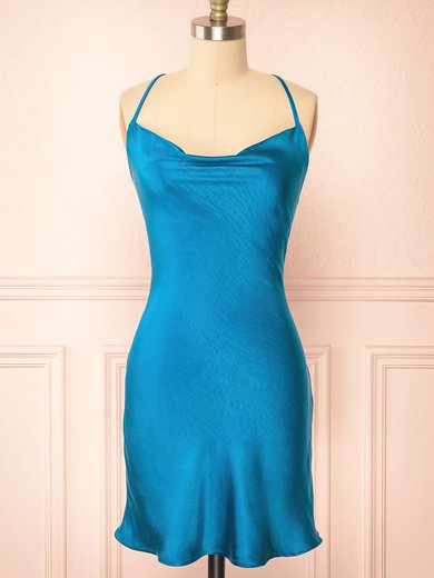 Blue Fitted Satin Cowl Neck Homecoming Dresses #Milly02052770