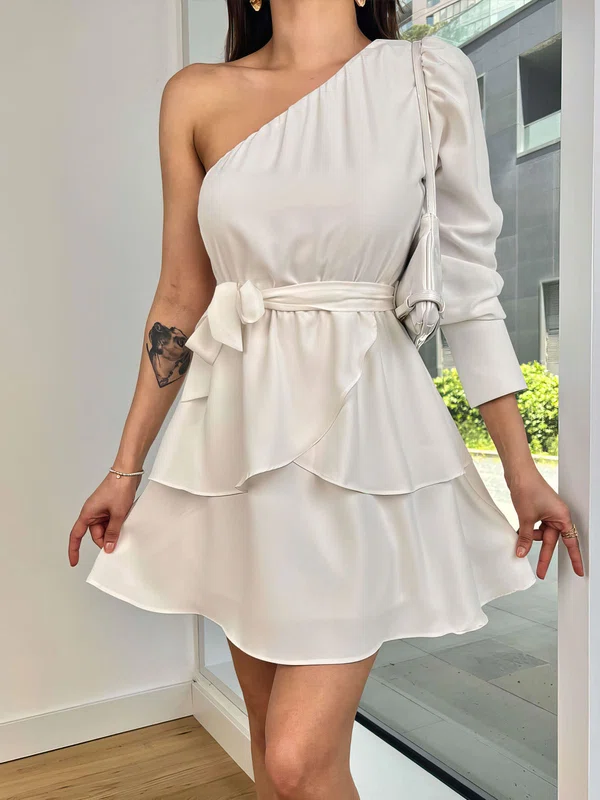 White Satin Long Sleeve Homecoming Dresses #Milly02052792