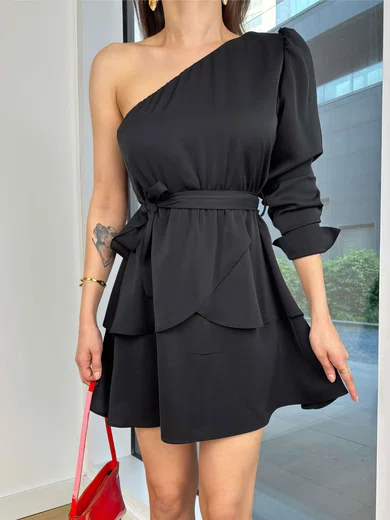 Black Long Sleeve One-Shoulder Homecoming Dresses #Milly02052800
