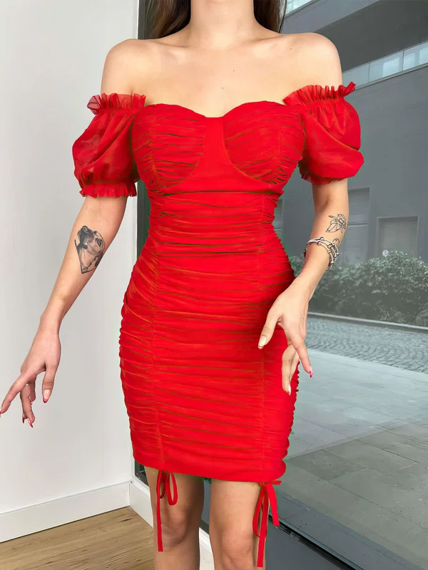 Red Ruched Short Sleeve Off The Shoulder Bodycon Homecoming Dresses millybridal