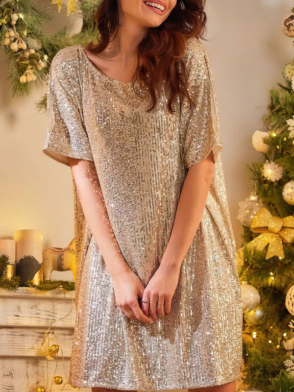Champagne Short Sleeve Sequin Mini Dress #Milly02052859