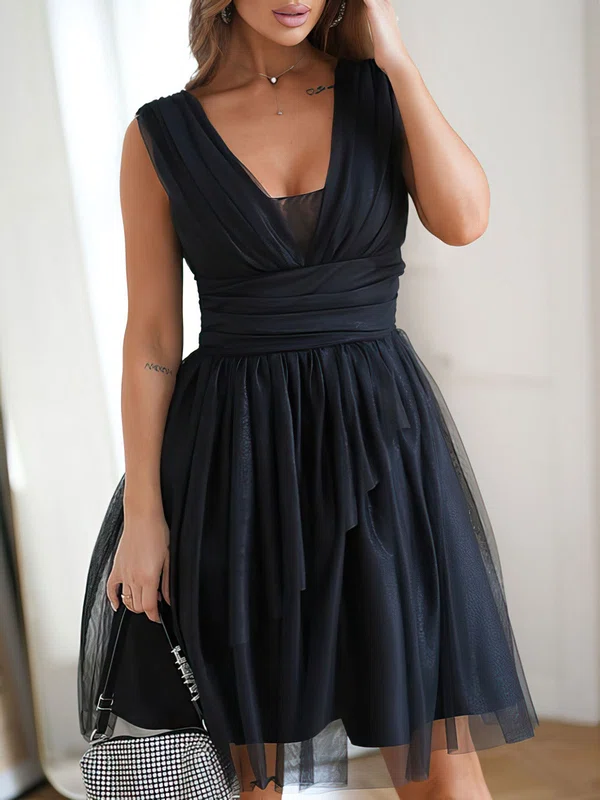 Modest Black Skater Tulle Ruched Homecoming Dresses #Milly02052868