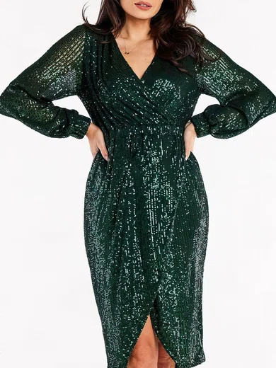 Dark Green Sequin Long Sleeve Midi Dress #Milly02053138