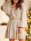 Sparkly Skater V-neck Long Sleeve Sequin Dress PT02053146