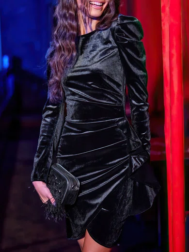 Black Long Sleeve Velvet Mini Dress #Milly02053166