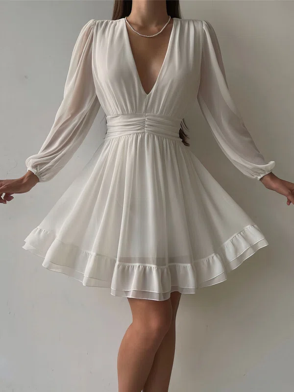 Flowy White Skater Chiffon V-neck Homecoming Dresses #Milly02052945