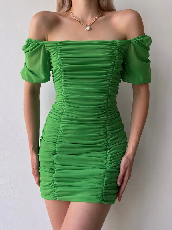 Green Off-The-Shoulder Ruched Homecoming Dresses #Milly02052968