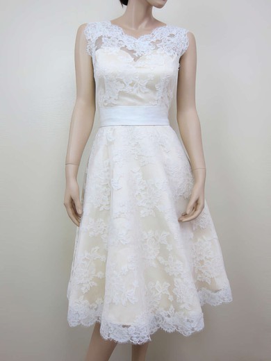 Scoop Neck Ivory Lace with Sashes/Ribbons Fashionable Tea-length Wedding Dresses #00020464