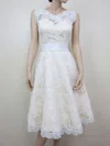 Scoop Neck Ivory Lace with Sashes/Ribbons Fashionable Tea-length Wedding Dresses #00020464
