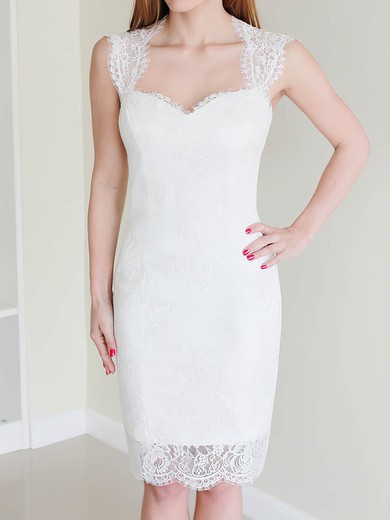 Hot White Lace Sheath/Column With Buttons Knee-length Wedding Dress #00020468
