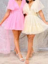 Cute Skater Tulle V-neck Ruched Homecoming Dresses #Milly02053053