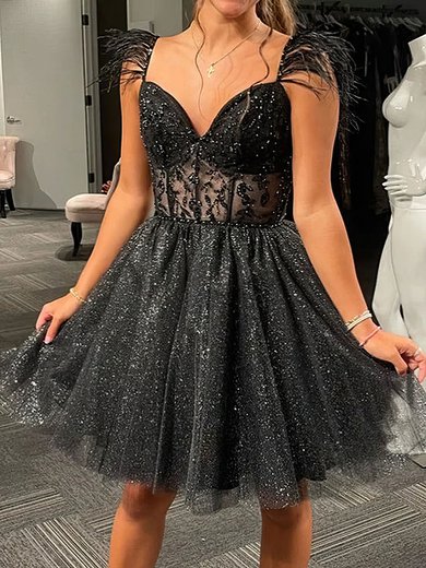 Corset Black Skater Glitter Tulle Feathers Homecoming Dresses #Milly02053070